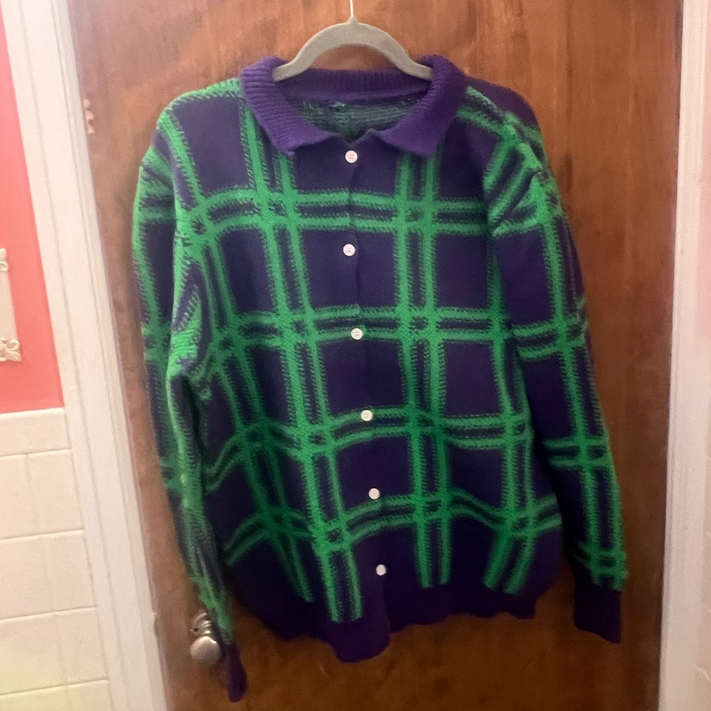 Plaid Green and Purple cardigan Sweater